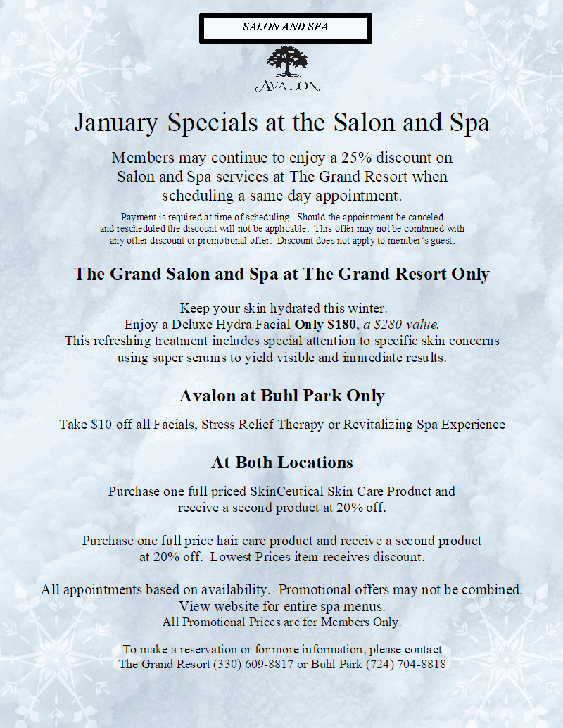 January Salon And Spa Specials - Avalon Golf & Country Club